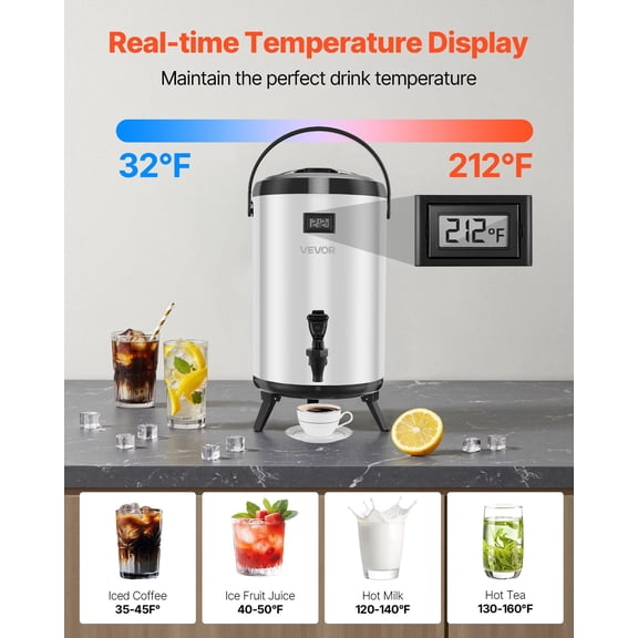 Insulated Beverage Dispenser,3.2 Gal/12L Stainless Steel Thermal Drink Server with Spigot&Temp Display,Suitable for Hot&Cold Drinks,for Tea Coffee Water in Cafes&Restaurants,Silver