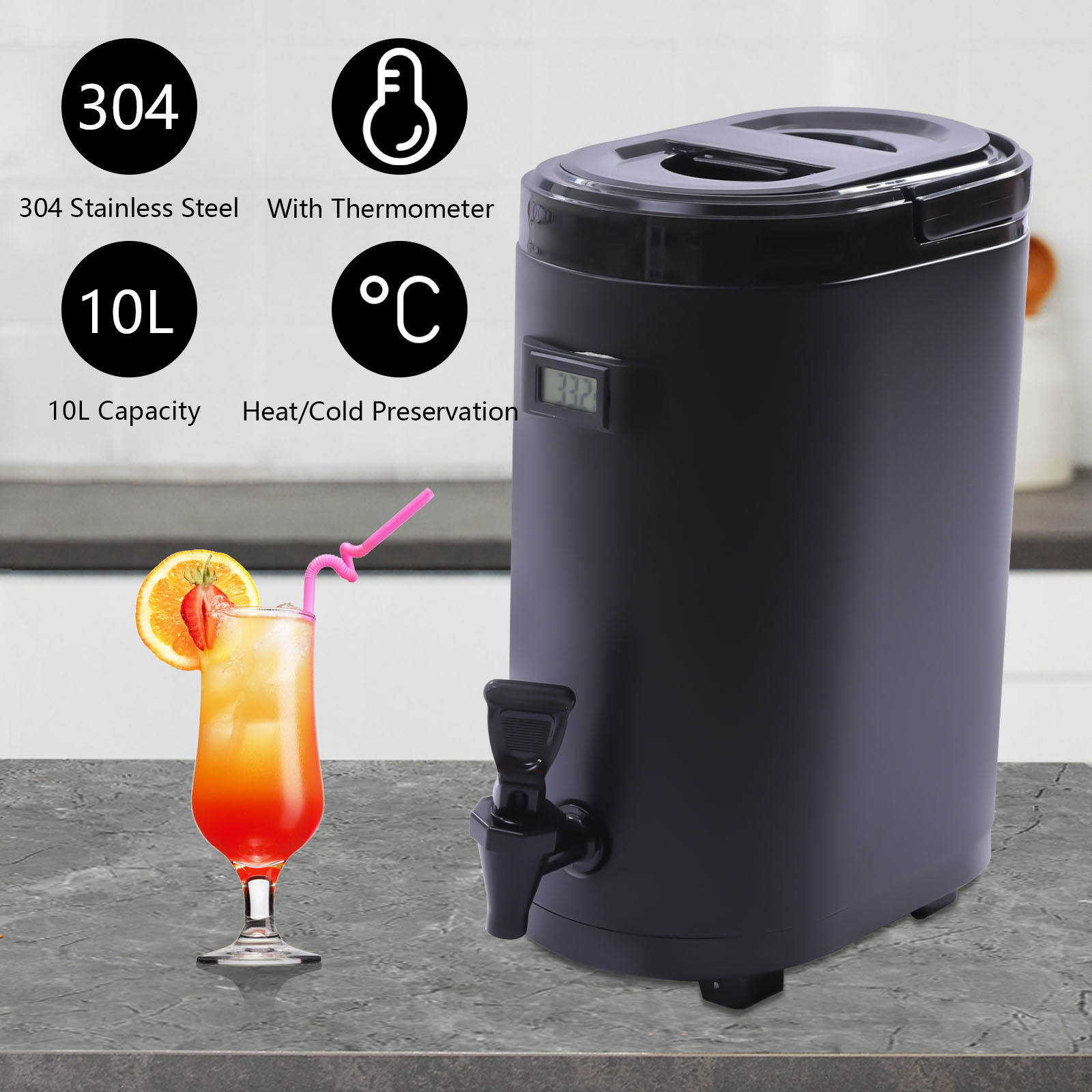 Insulated Beverage Dispenser – Food-grade 304 Stainless Steel Insulated Thermal Hot and Cold Beverage Dispenser with Thermometer (10L-Oval)