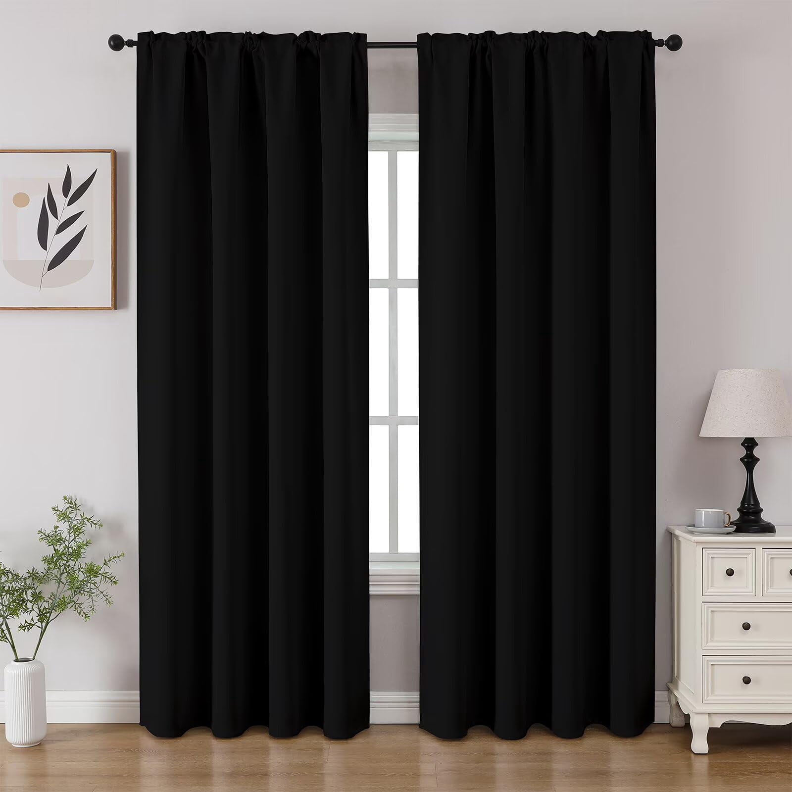 Insulated Blackout Curtains 84 Inches Long 2 Panels, Room Darkening Drapes for Bedroom Living Room Office, Light Blocking Window Curtains, Rod Pocket, Black