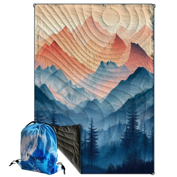 Insulated Camping Blanket Soft Lightweight Water Resistant Windproof Dreamlike Mountains Design Includes Large Drawstring Bag for Travel Festivals Outdoor Adventures