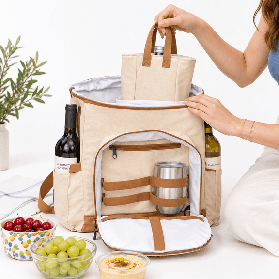 Insulated Canvas & Vegan Leather Wine Cooler Backpack For Up To 4 Bottles