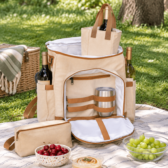 Insulated Canvas & Vegan Leather Wine Cooler Backpack Holds Up To 4 Bottles For Picnics & Travel