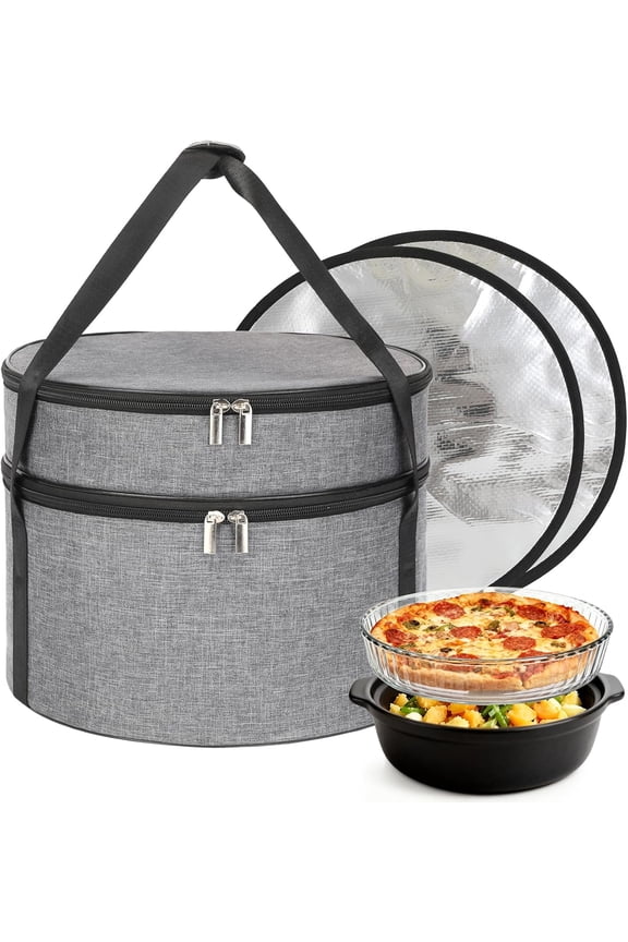 Insulated Casserole Carrier, Round Pie Carrier with Metal Support, Dish Carrier for Hot or Cold Food, Transport Pie Holders Pie Carrying Case, 2 Tiers