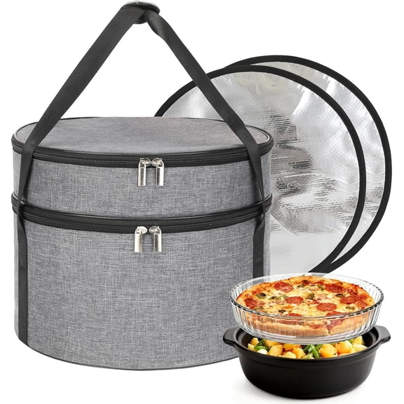 Insulated Casserole Carrier, Round Pie Carrier with Metal Support, Dish Carrier for Hot or Cold Food, Transport Pie Holders Pie Carrying Case, 2 Tiers