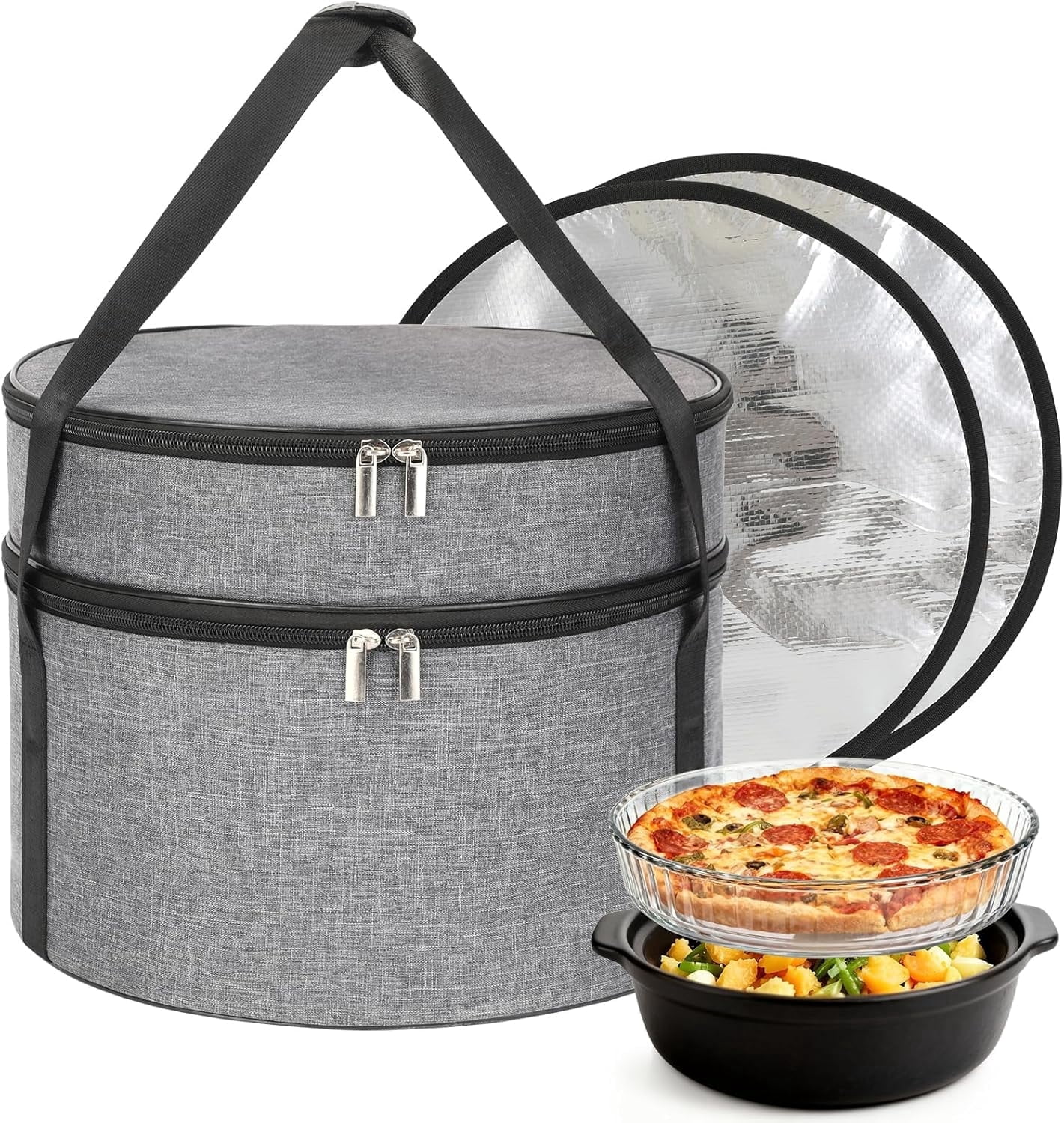 Insulated Casserole Carrier, Round Pie Carrier with Metal Support, Dish Carrier for Hot or Cold Food, Transport Pie Holders Pie Carrying Case, 2 Tiers