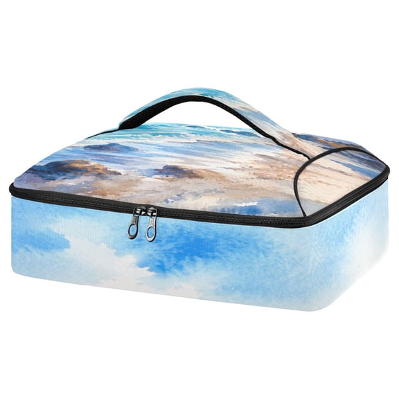 Insulated Casserole Carrier for Hot Food Blue Seaside Printed Pizza Tote Bag 15.75in Food Carrier with Pocket for Picnic