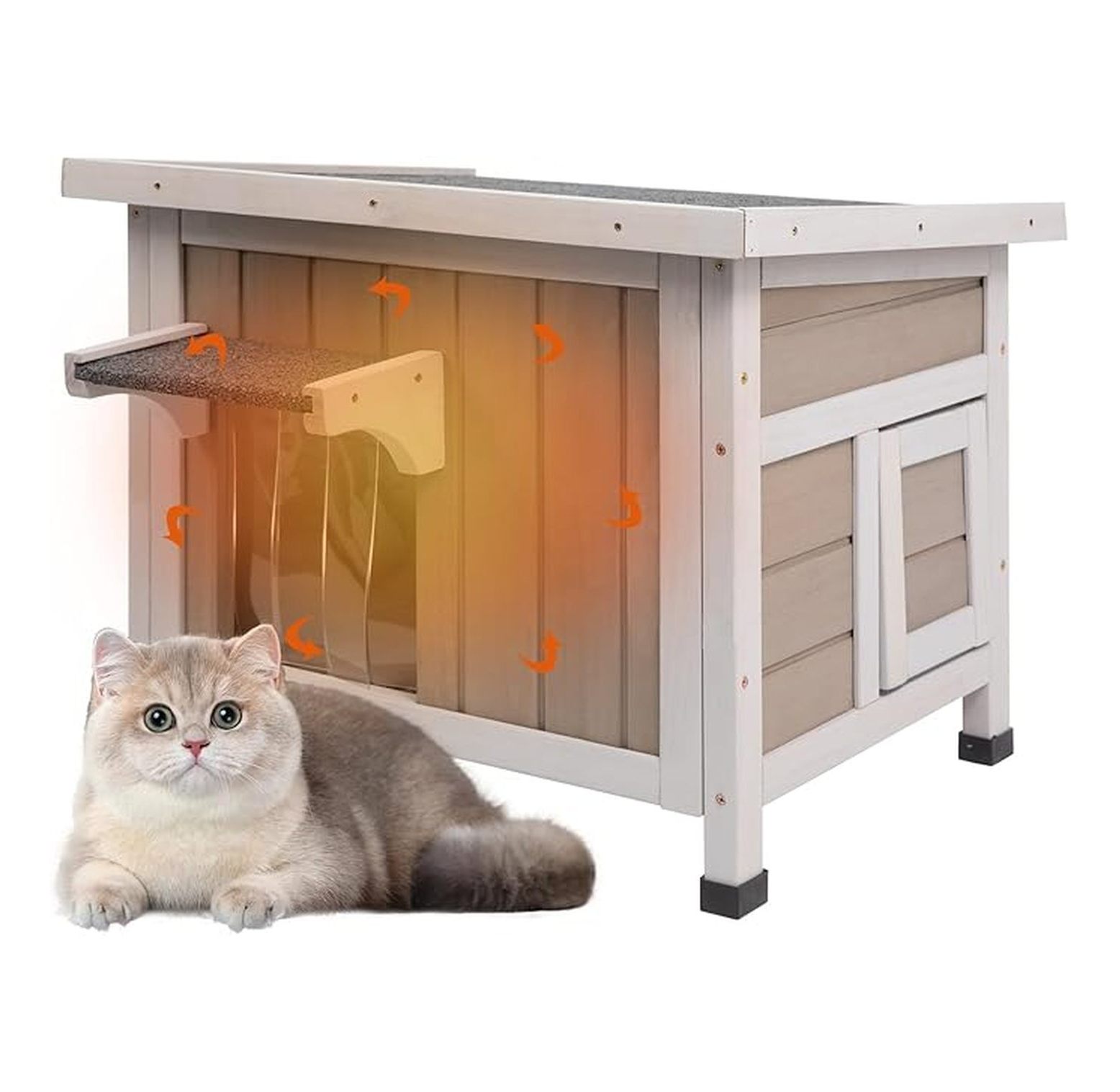 Insulated Cat House Outdoor, 22.44" Weatherproof Feral Cat Shelter, Winter Cat Enclosure with Asphalt Roof & 2 Escape Doors, Small Cats, Grey