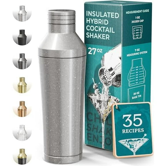 Insulated Cocktail Shaker Set | Double Wall Stainless Steel | Martini Shaker for Home Bar Bartending | Built-in Drink Measurement System & Strainer, Travel Bag, 35 Recipes | Gift Set (Antique Silver)
