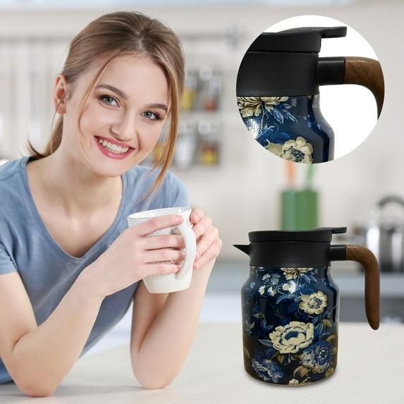 Insulated Coffee Carafe 1L with Floral Design, Stainless Steel Thermal Pitcher with Wooden Handle, 12-Hour Hot Cold Retention for Home Office