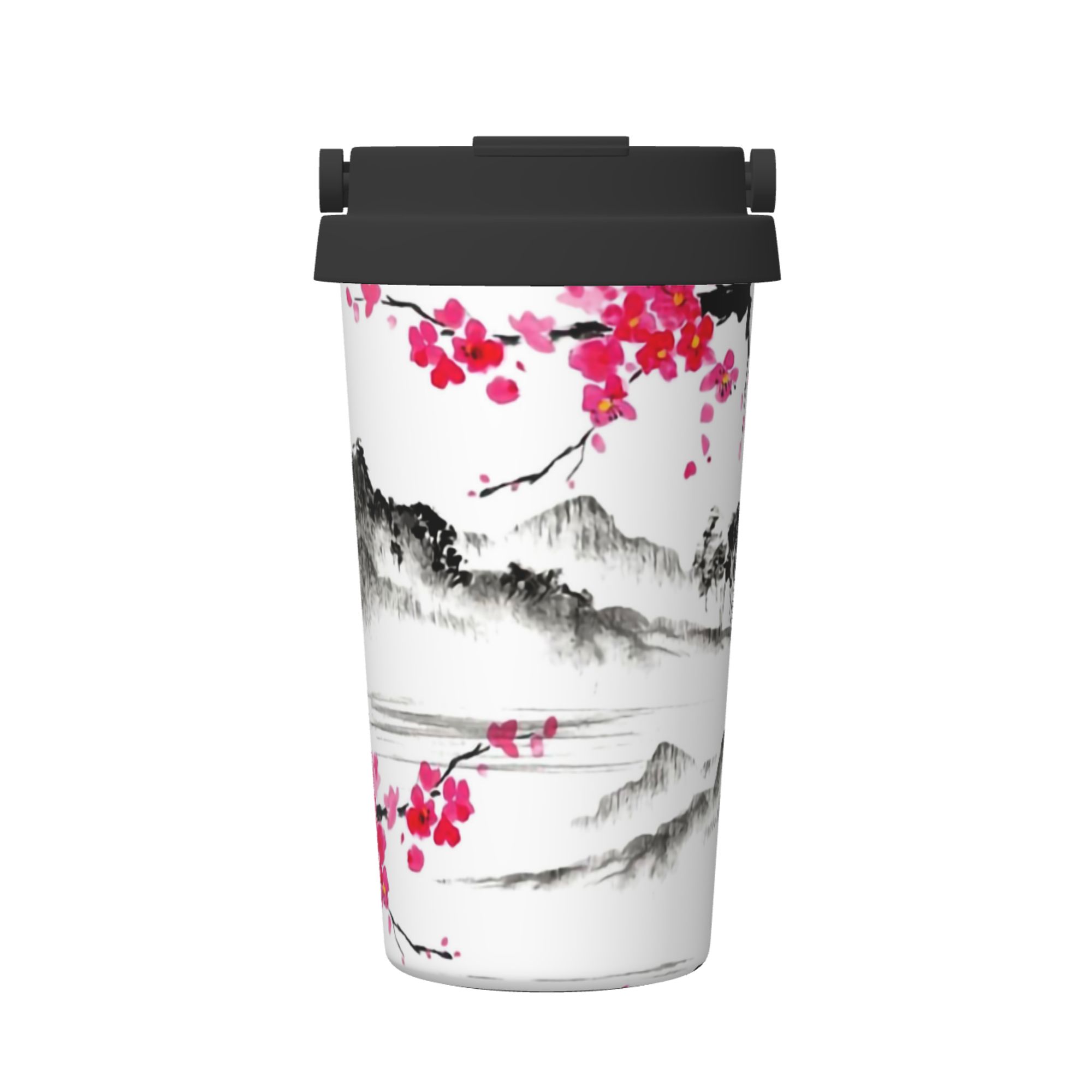 店舗用品 sakuramama Insulated Coffee Mug With Lid Japanese Oil Painting Cherry Blossom