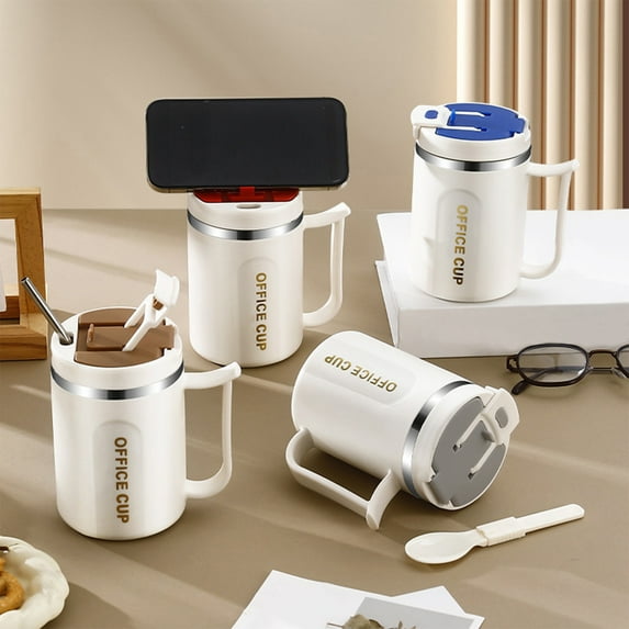 Insulated Coffee Mug with Handle & Lid - 17oz Stainless Steel Travel Tumbler, Double Wall Vacuum (Brown) by PALIFEUR