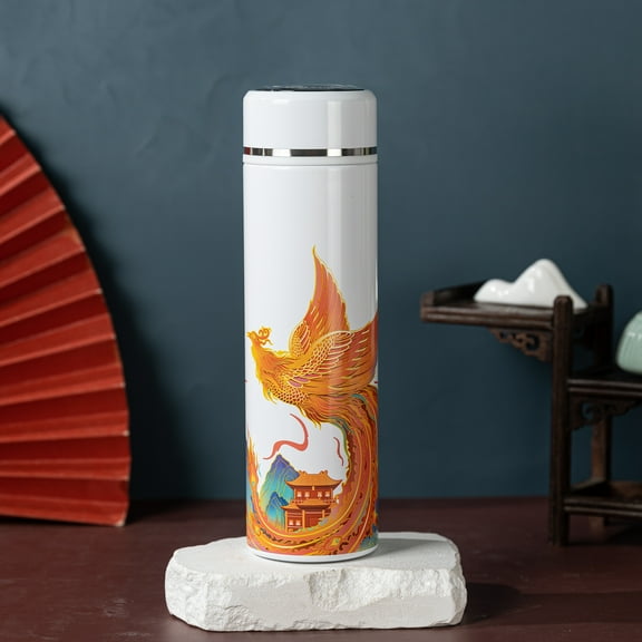 Insulated Coffee Tea Travel Thermos Mug Water Bottle with Removable Strainer and Temperature Featuring Chinese Art Design - 16.9 fl oz (White Phoenix)