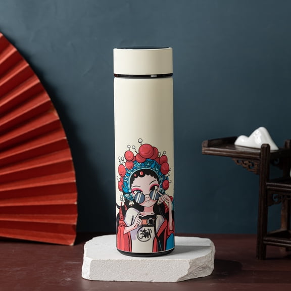Insulated Coffee Tea Travel Thermos Mug Water Bottle with Removable Strainer and Temperature Featuring Chinese Opera Singer Design - 16.9 fl oz (White)