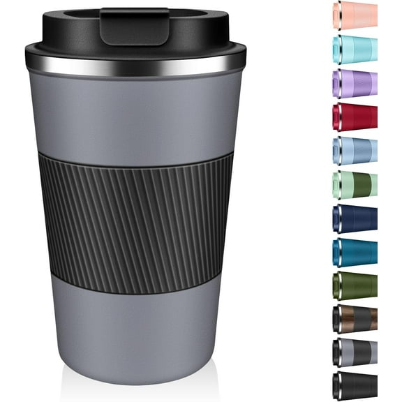 Insulated Coffee Tumbler 12 oz, Stainless Steel Coffee Mug with Lids, Travel Coffee Mug Leak Proof, Double Wall Vacuum Insulated Reusable Coffee Cup, Keep Drinks Hot and Cold (Gray, 12 Ounces)