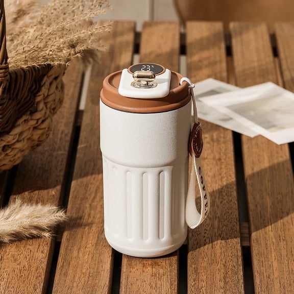 Insulated Coffee Tumbler Stainless Steel Pink 15 oz Smart LED Temperature Display Water Bottle Vacuum Thermal Mug with Strap and Straw for Travel Office Car