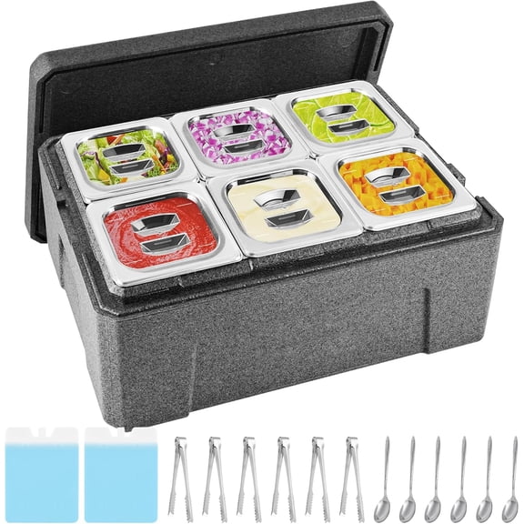Insulated Cold Food Buffet Ice Serving Trays 6 Lids 6 Pans 2 Ice Packs Insulation Box Cooled Condiment Serving Container Ice Platter Food Cooler for Parties Buffets Fruit Market