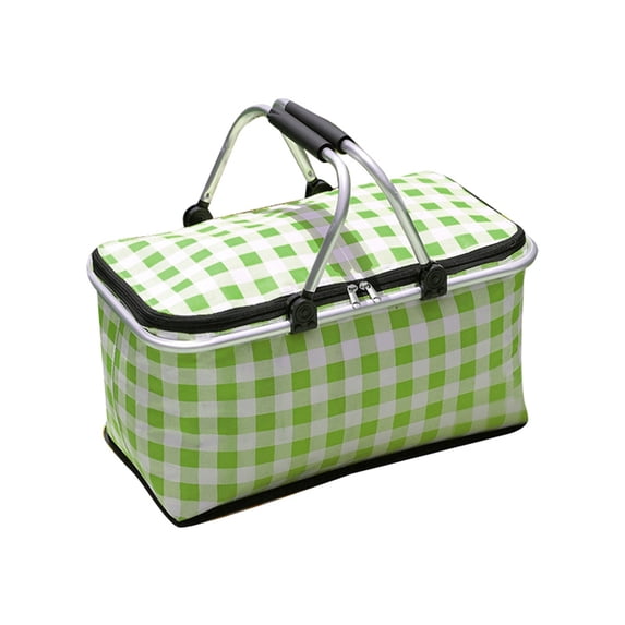 Insulated Collapsible Picnic Basket - Green & White Gingham - Portable Cooler Tote with Aluminum Handle for Camping, Beach & Outdoor Parties (1pc)