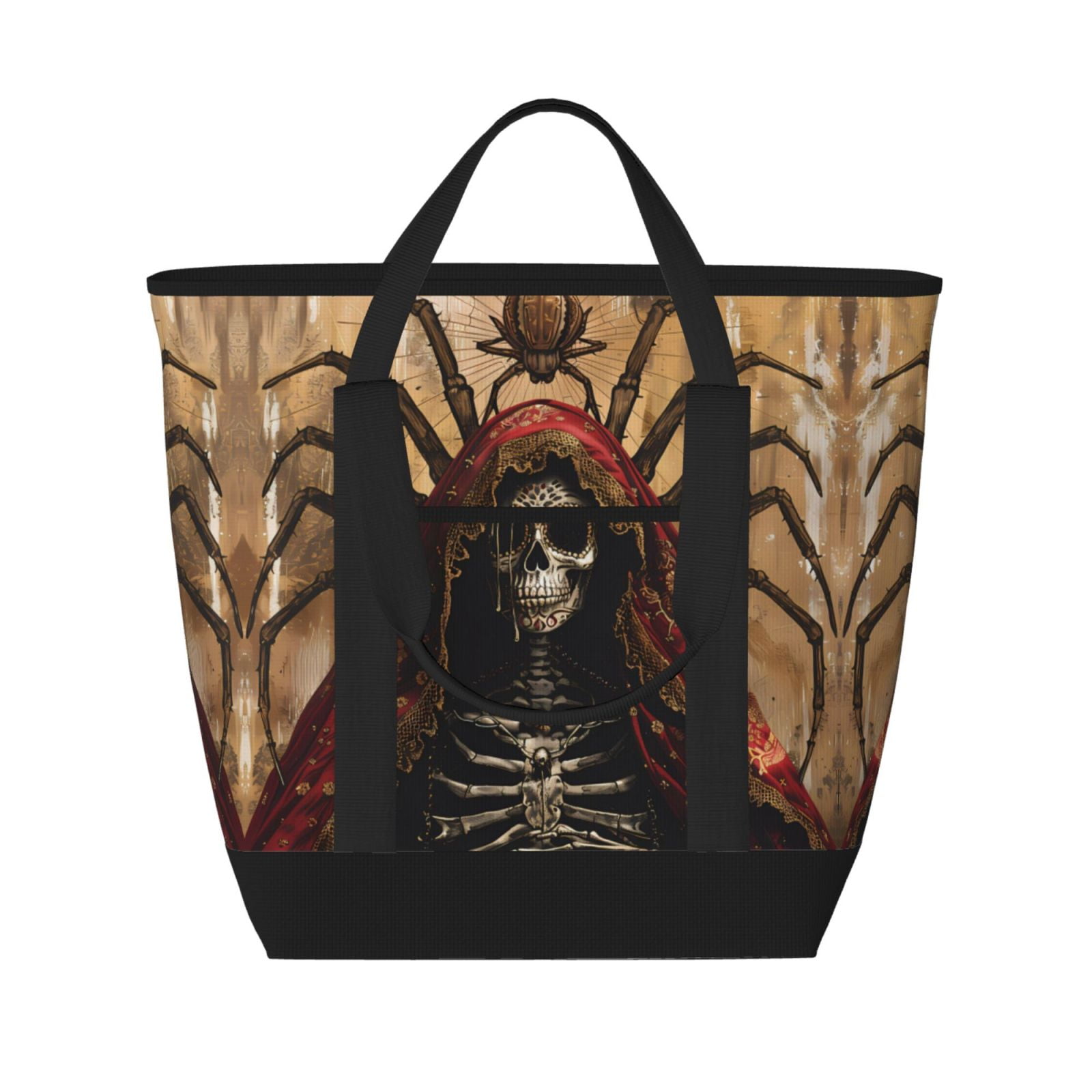 Whaline Halloween Canvas Tote Bag - Spooky Skeleton Hand & Spider Web Design, Reusable Shopping Bag