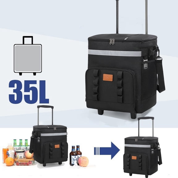 Insulated Cooler Bag with Wheels,35L Large Capacity Soft Leak Proof Ice Chest,Three Layer Insulation Design,12 Hour Long-Term Cold Insulation,for Outdoor Camping Picnic Beach Essentials-Black