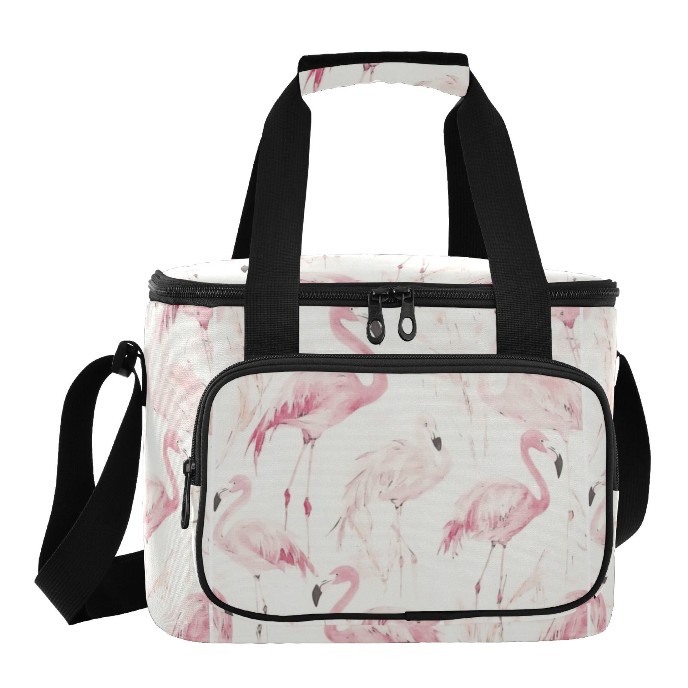 Insulated Cooler Bag with Multiple Pockets Lightweight Lunch Box Tote for Travel Beach Camping Office Pink Flamingos
