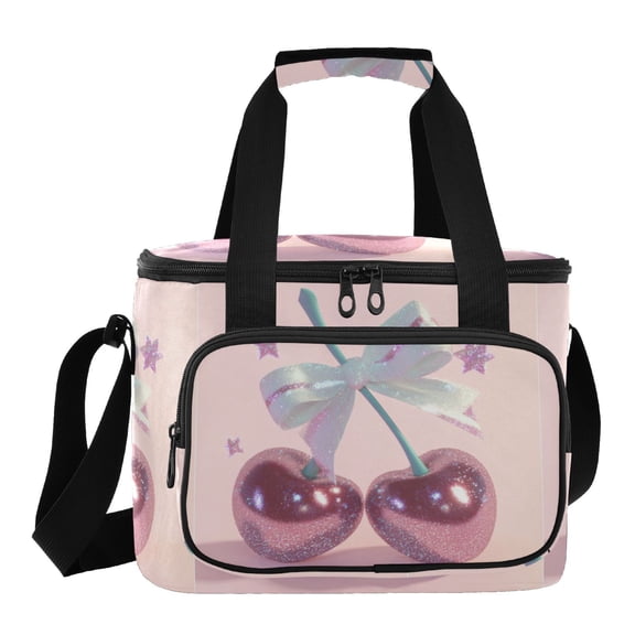 Insulated Cooler Bag with Multiple Pockets Lightweight Lunch Box Tote for Travel Beach Camping Office Pink Large Cherries