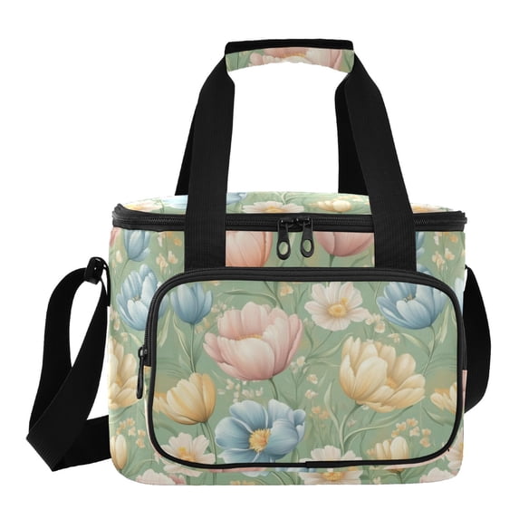 Insulated Cooler Bag with Multiple Pockets Lightweight Lunch Box Tote for Travel Beach Camping Office Pink Tulips and Cosmos