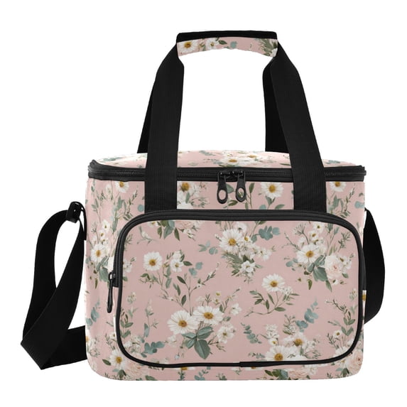 Insulated Cooler Bag with Multiple Pockets Lightweight Lunch Box Tote for Travel Beach Camping Office Small White and Pink Flowers