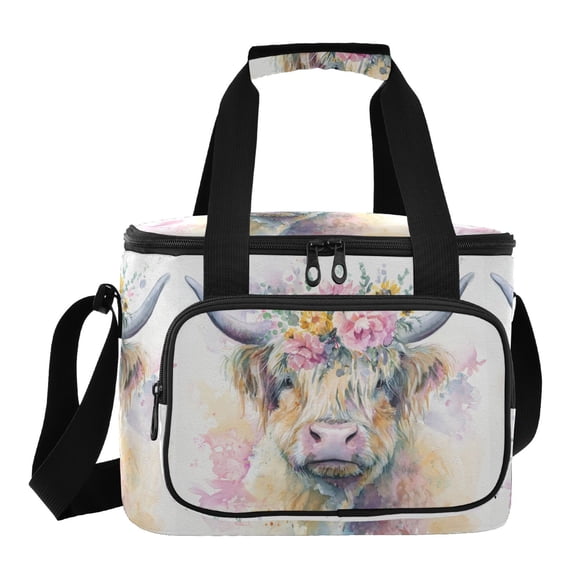 Insulated Cooler Bag with Multiple Pockets Lightweight Lunch Box Tote for Travel Beach Camping Office Watercolor Highland Cow