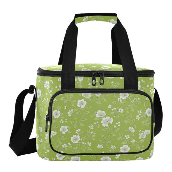 Insulated Cooler Bag with Multiple Pockets Lightweight Lunch Box Tote for Travel Beach Camping Office White Flowers and Leaves