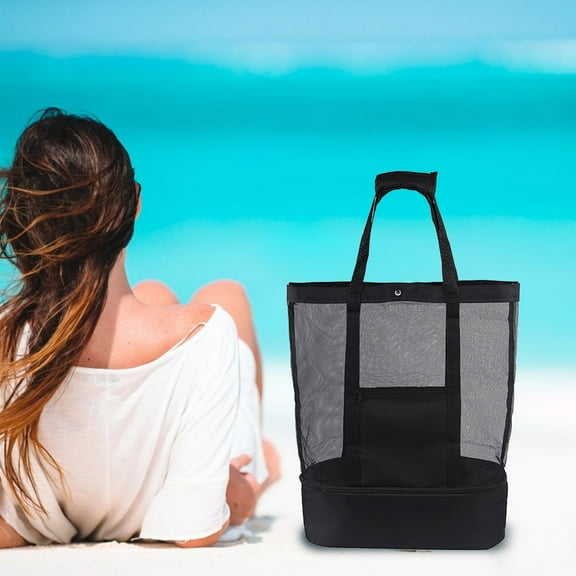 Insulated Cooler Tote, Thermal Beach Bag, Large Capacity Dry Wet Separation Mesh Shoulder Bag with Aluminum Foil Lining, 1-Pack