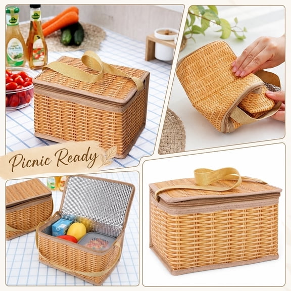 Insulated Cooler, Wicker Basket with Lid, Insulated Tote Bag, Portable Cooler, 9X6X5 in Faux Rattan Woven Zipper Closure Foldable Hand Carry Basket Storage for Picnic, Outdoor
