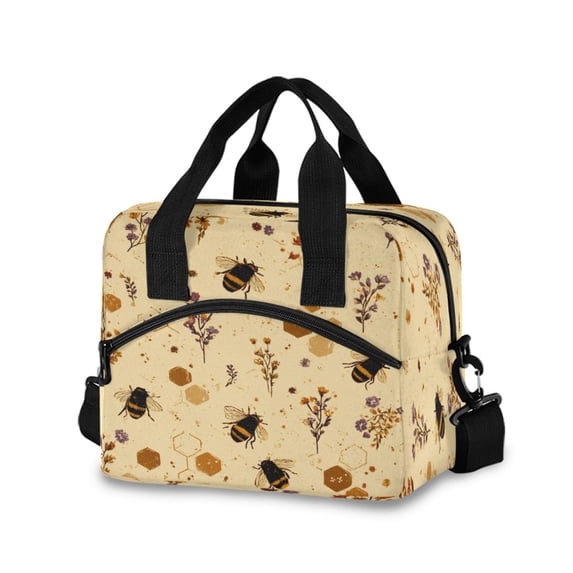 Insulated Crossbody Lunch Bag 10L Lunch Tote with Adjustable Shoulder Strap for Work Office Picnic Bees and Flowers Pattern