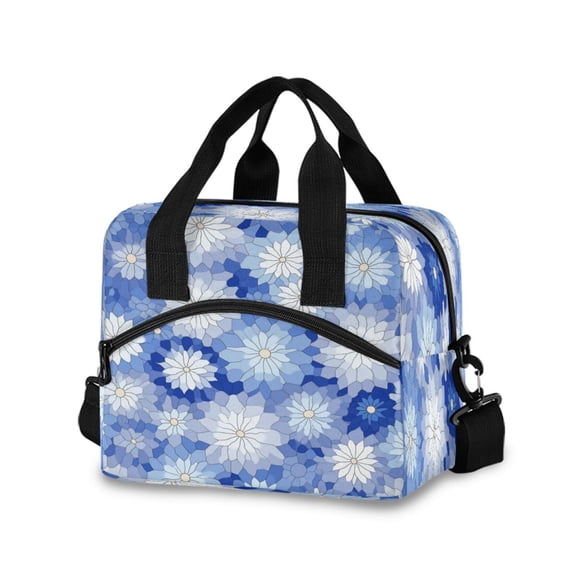 Insulated Crossbody Lunch Bag 10L Lunch Tote with Adjustable Shoulder Strap for Work Office Picnic Blue and White Snowflake