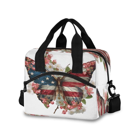 Insulated Crossbody Lunch Bag 10L Lunch Tote with Adjustable Shoulder Strap for Work Office Picnic Butterfly with Flag Pattern