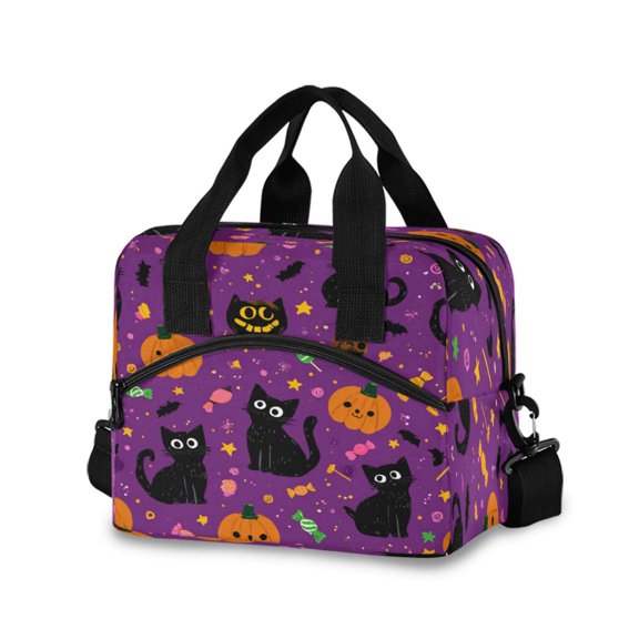 Insulated Crossbody Lunch Bag 10L Lunch Tote with Adjustable Shoulder Strap for Work Office Picnic Cartoon Black Cats and Pumpkins