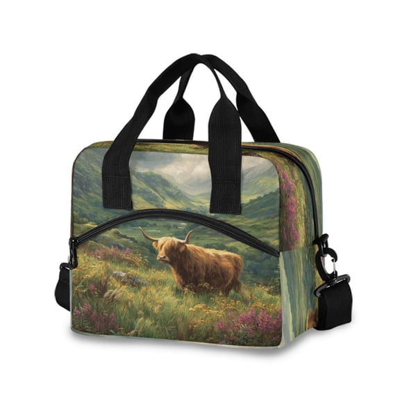 Insulated Crossbody Lunch Bag 10L Lunch Tote with Adjustable Shoulder Strap for Work Office Picnic Cow in Green Rolling Hills