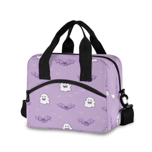 Insulated Crossbody Lunch Bag 10L Lunch Tote with Adjustable Shoulder Strap for Work Office Picnic Cute Purple Ghost Pattern
