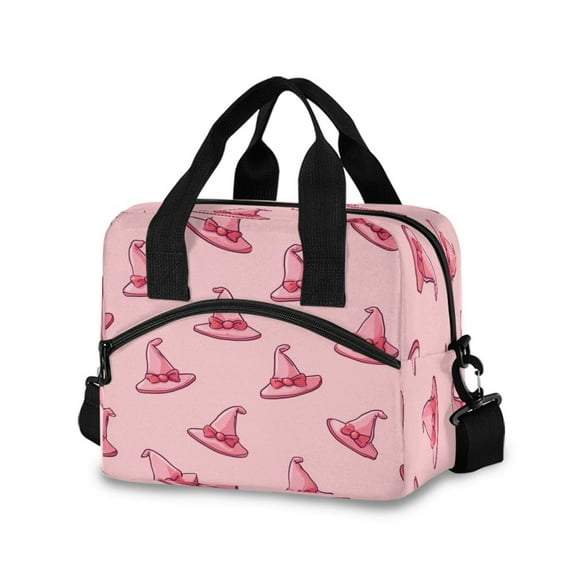 Insulated Crossbody Lunch Bag 10L Lunch Tote with Adjustable Shoulder Strap for Work Office Picnic Pink Cartoon Witch Hats