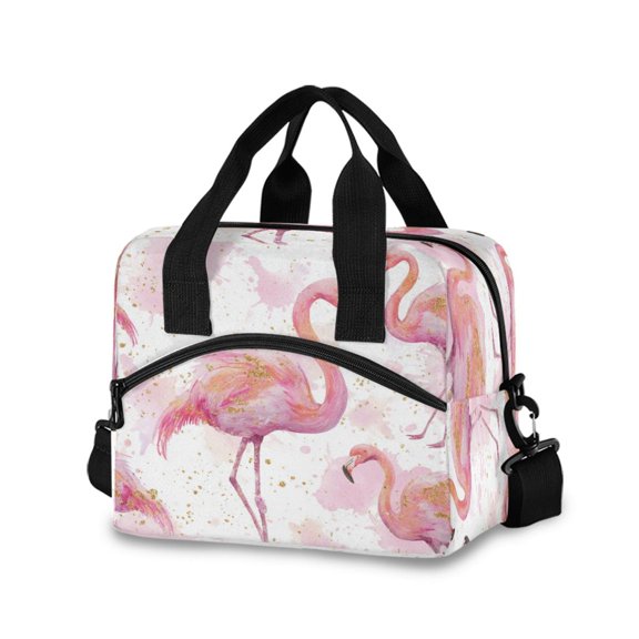 Insulated Crossbody Lunch Bag 10L Lunch Tote with Adjustable Shoulder Strap for Work Office Picnic Pink Flamingos with Golden Dot