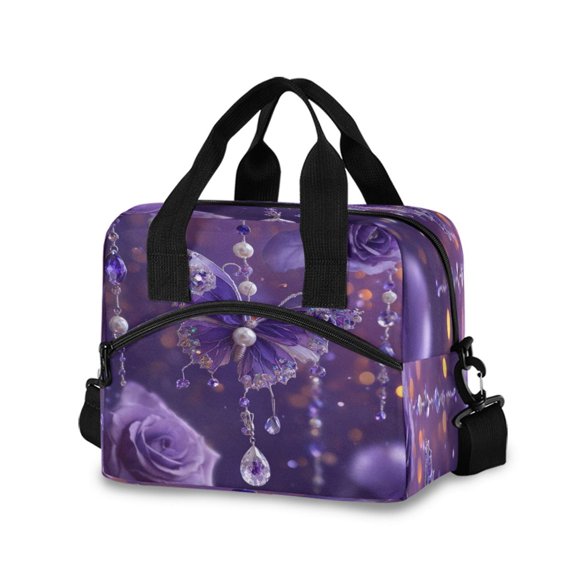 Insulated Crossbody Lunch Bag 10L Lunch Tote with Adjustable Shoulder Strap for Work Office Picnic Purple Butterfly Pattern