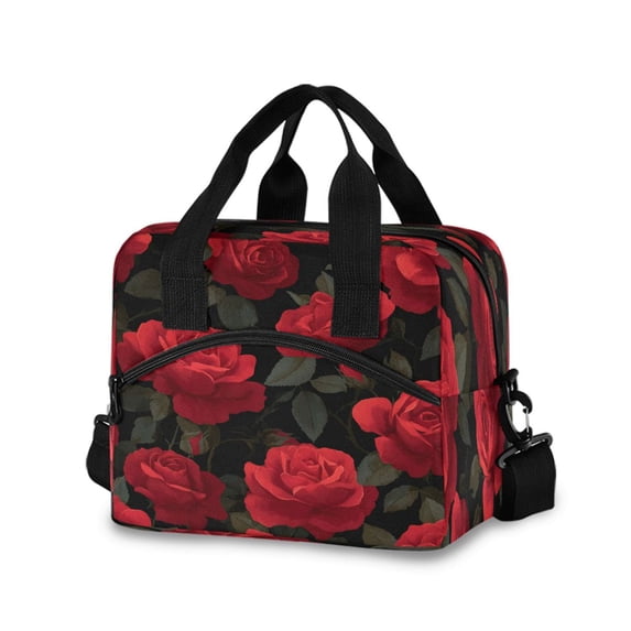 Insulated Crossbody Lunch Bag 10L Lunch Tote with Adjustable Shoulder Strap for Work Office Picnic Red Roses Pattern