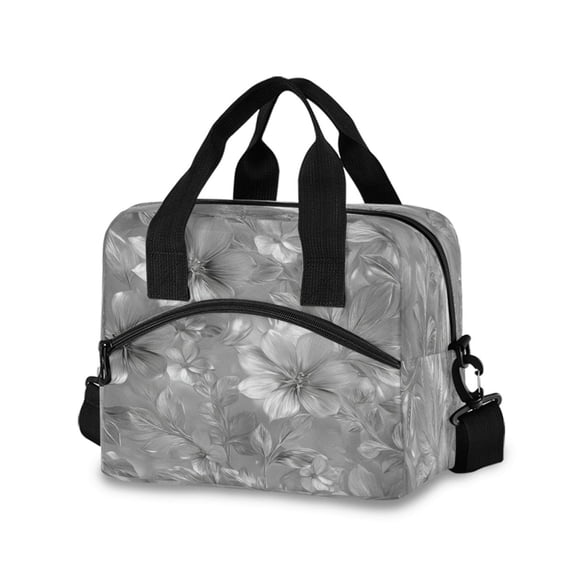 Insulated Crossbody Lunch Bag 10L Lunch Tote with Adjustable Shoulder Strap for Work Office Picnic Silver Metal Flower Pattern