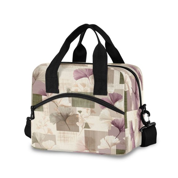 Insulated Crossbody Lunch Bag 10L Lunch Tote with Adjustable Shoulder Strap for Work Office Picnic Squares and Ginkgo Leaves Pattern