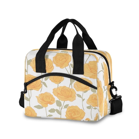 Insulated Crossbody Lunch Bag 10L Lunch Tote with Adjustable Shoulder Strap for Work Office Picnic Yellow Roses Pattern