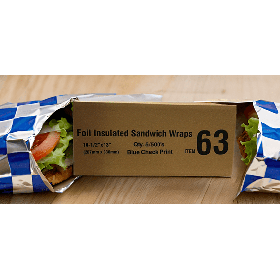 Insulated Cushion Foil Paper Sandwich Wrap, 10.5" x 13" Sheets, Blue Check Print, 2500 Count