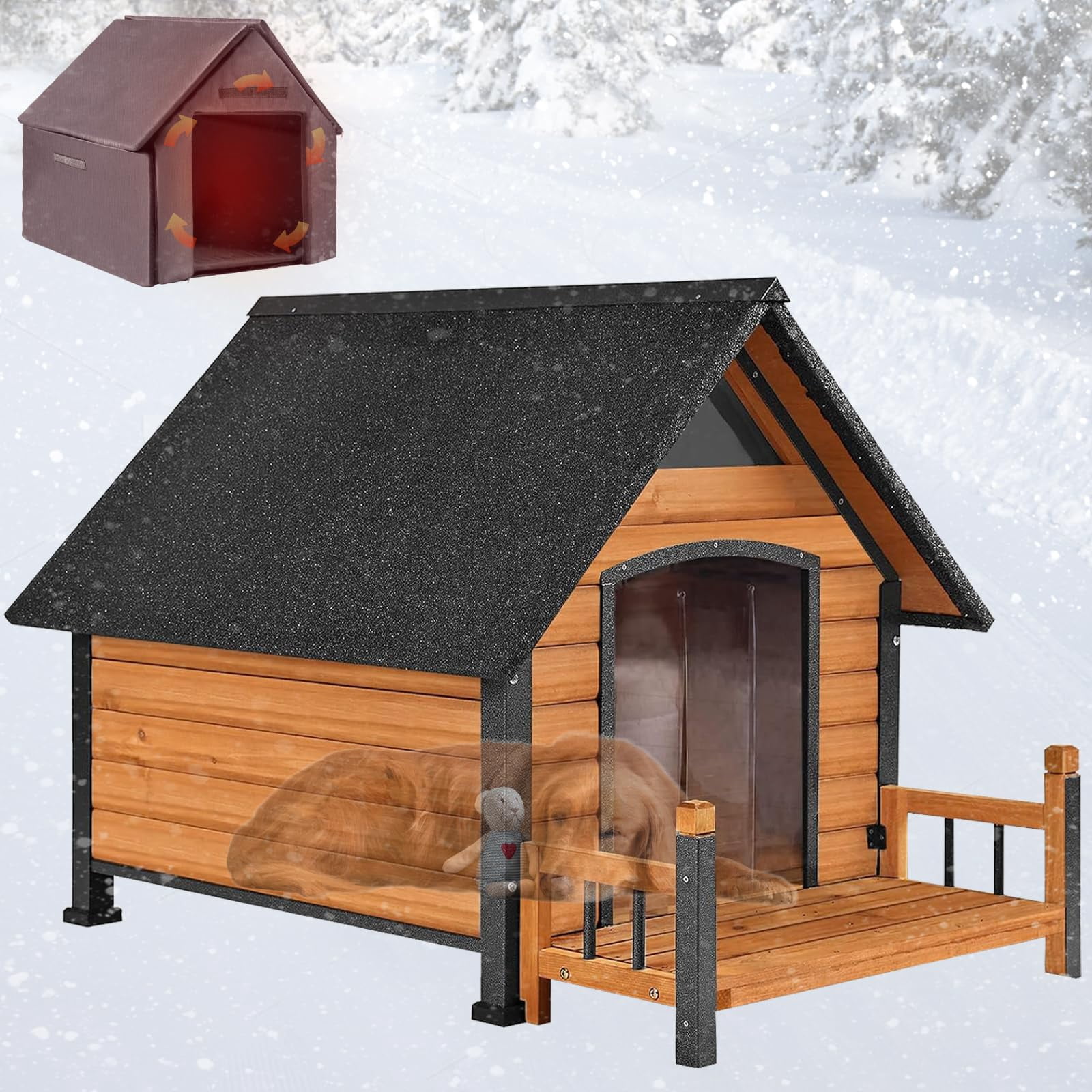 Insulated Dog House for Large Breeds, Weatherproof Outdoor Kennel with Anti-Chew Iron Frame, Spacious Shelter for Multiple Pets, 50.87" L x 45" D x 32.9" W x 32.6" H, Brown