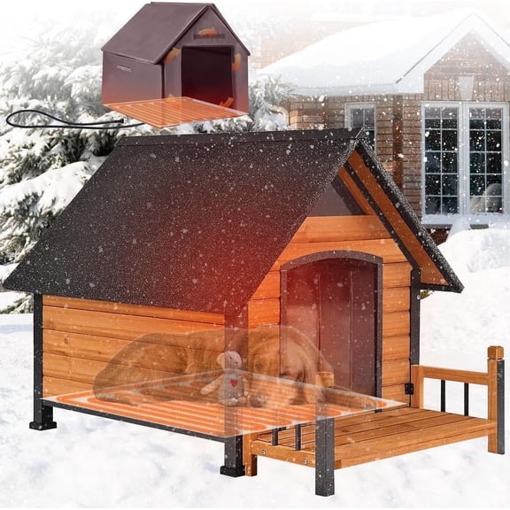 Insulated Dog House with Heating Pad, Weatherproof Outdoor Kennel for Large Dogs, Chew-Resistant Iron Frame & Asphalt Roof