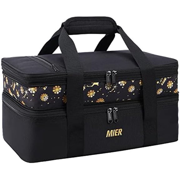 Insulated Double Casserole Carrier Bag for Lasagna Lugger, Potluck Parties, Picnic, Beach, Fits 9 x 13 Inches Baking Dish, Casserole Dish, Expandable, Black