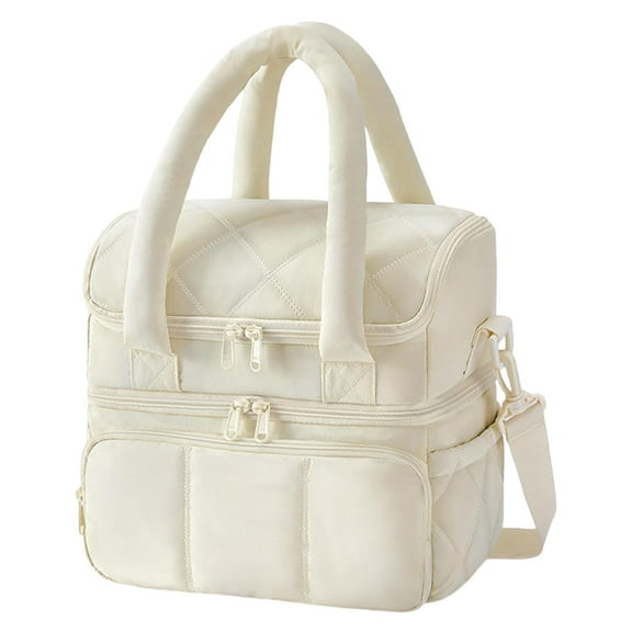 Insulated Double Deck Lunch Bag Women Picnic Crossbody Lunch Box For Work Decor Bag (Beige)