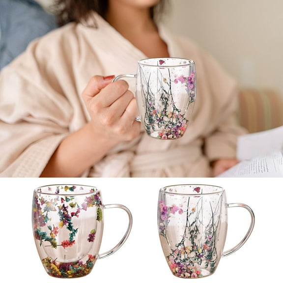 Insulated Double Layer Glass Cup with Handle | High Borosilicate Transparent Coffee Mug | Double Wall Hot Cold Drinkware | Artistic Dried Flowers Glitter | 1 Piece | 12oz